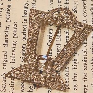 Vintage Art Deco Brooch Silver Tone W/ Pave Crystals Unique Design Rhinestone